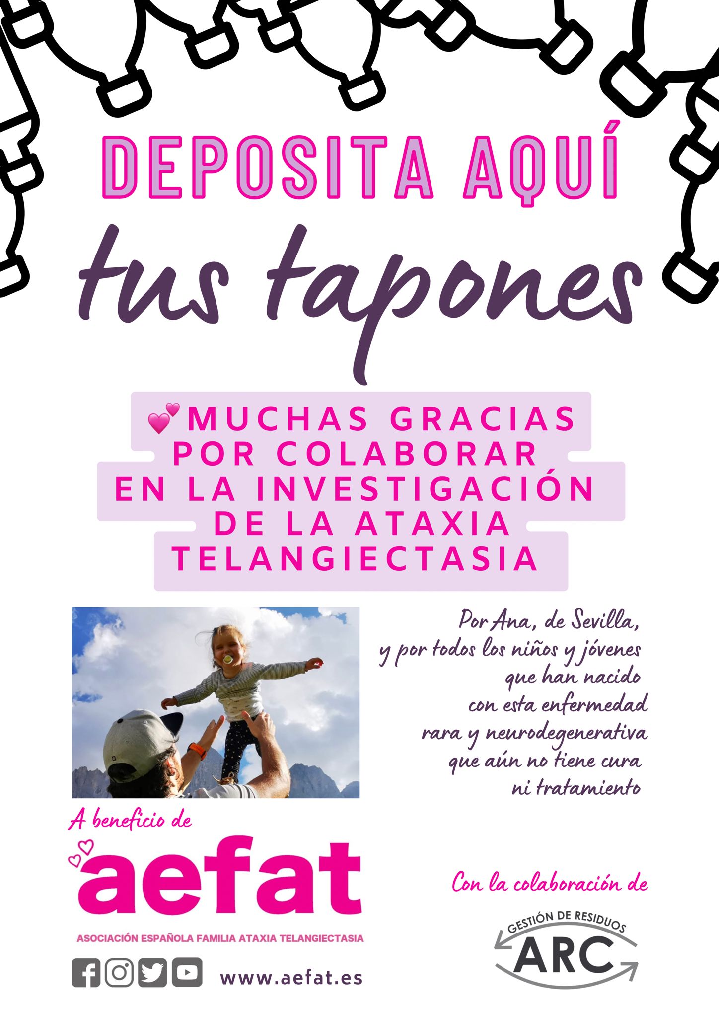 Cartel tapones solidarios para Aefat ataxia telangiectasia